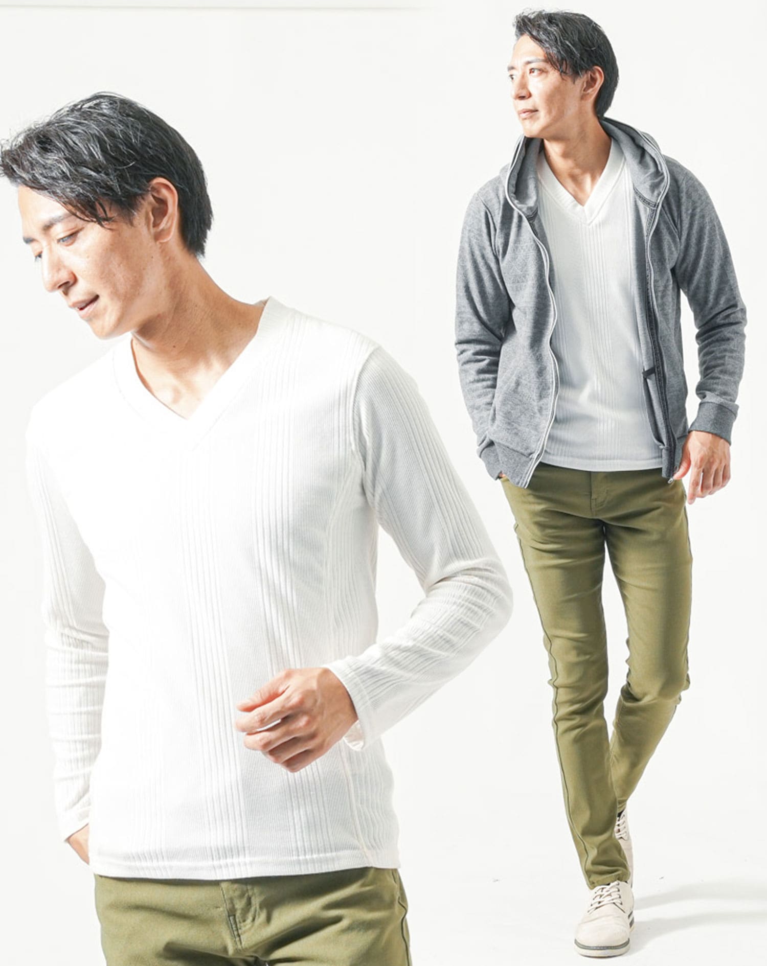 40代メンズ全身3点コーデセット チャコールグレー長袖パーカー×白長袖T