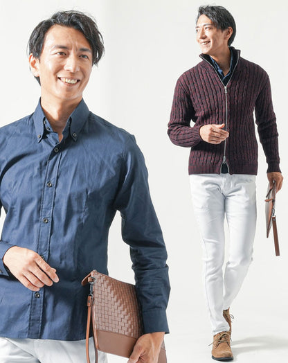 40代メンズ全身3点コーデセット　ワイン長袖ニットジャケット×ネイビー長袖シャツ×白ストレッチチノパンツ