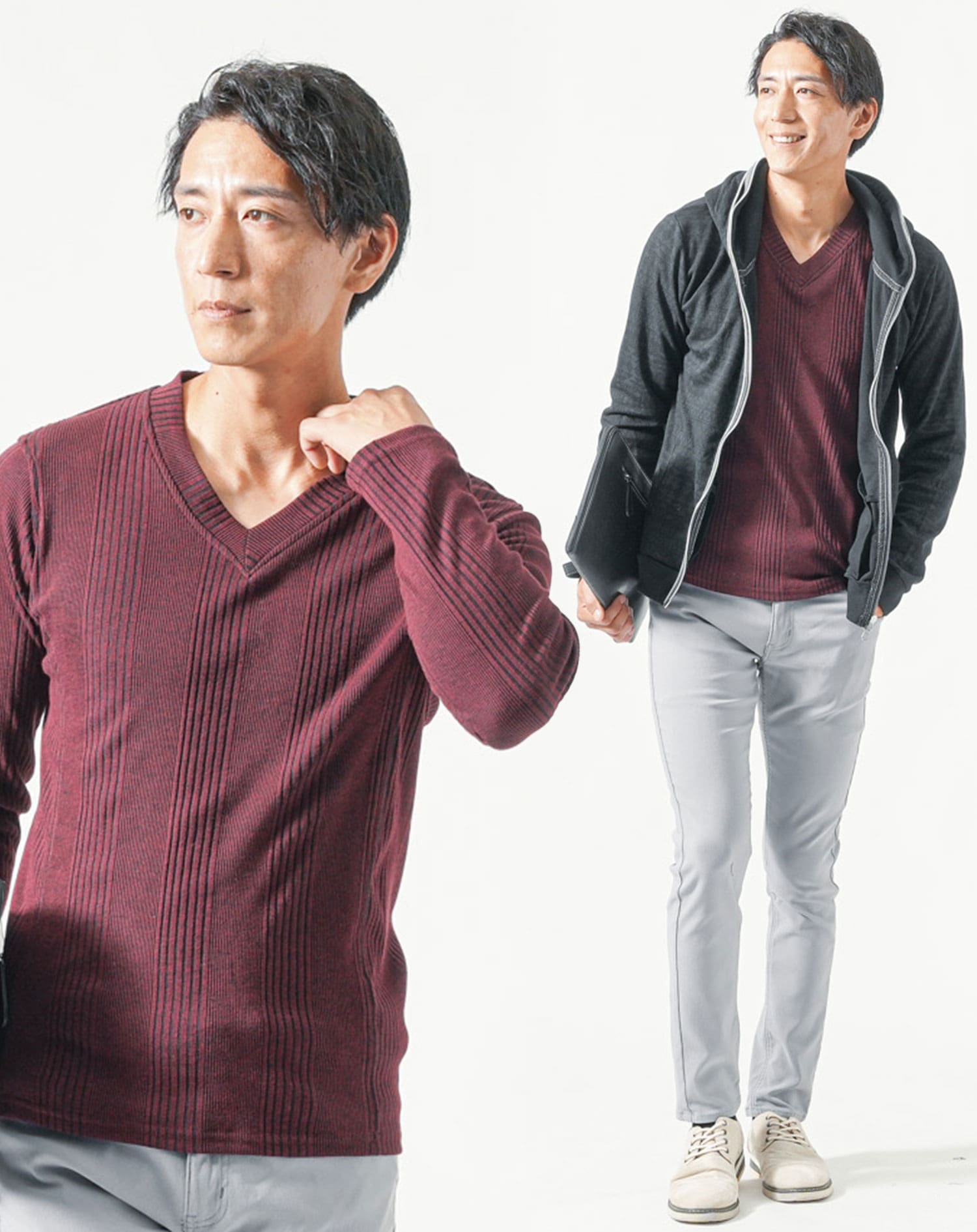 40代メンズ全身3点コーデセット 黒長袖パーカー×ワイン長袖Tシャツ