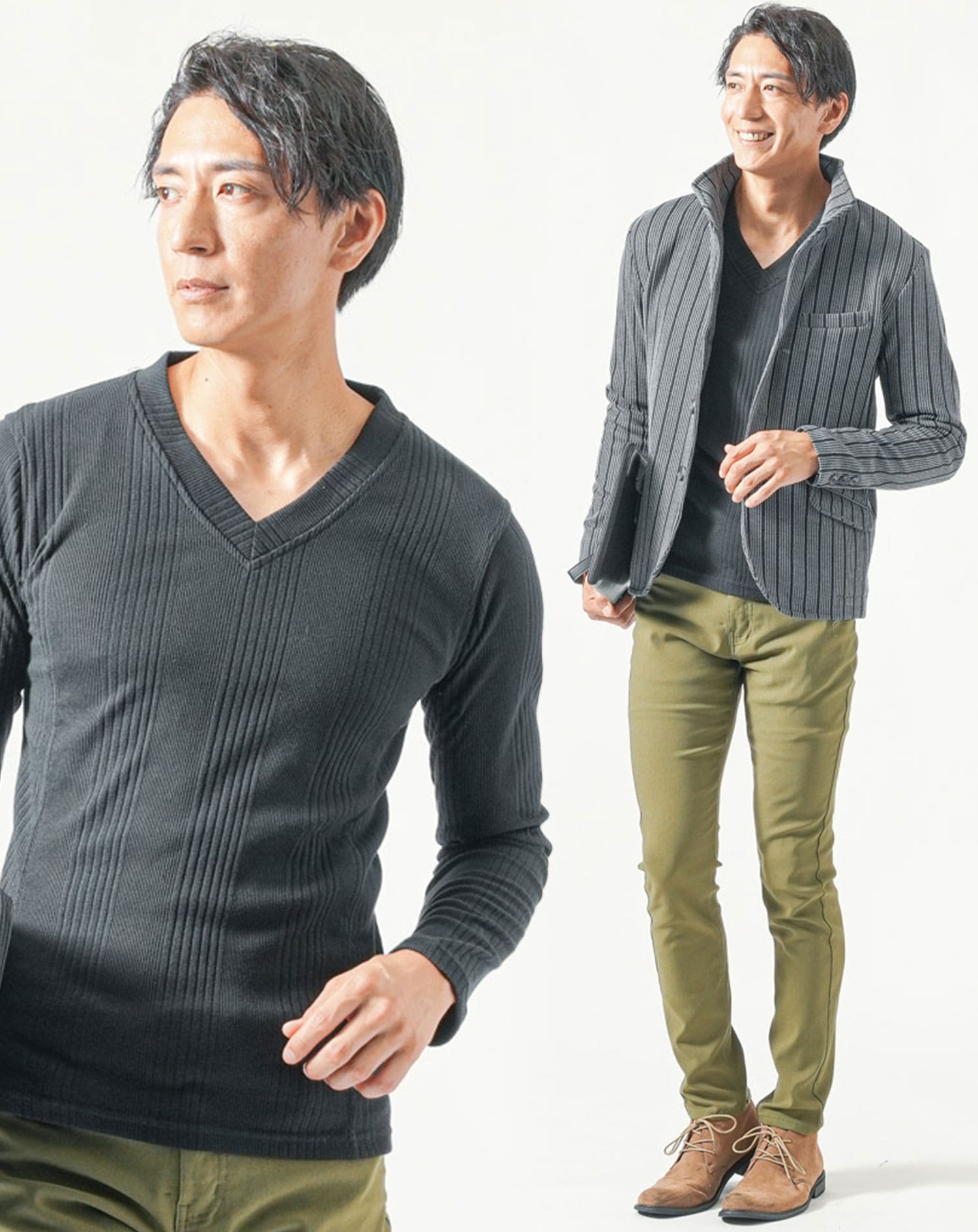 40代メンズ全身3点コーデセット グレー長袖ジャケット×黒長袖Tシャツ