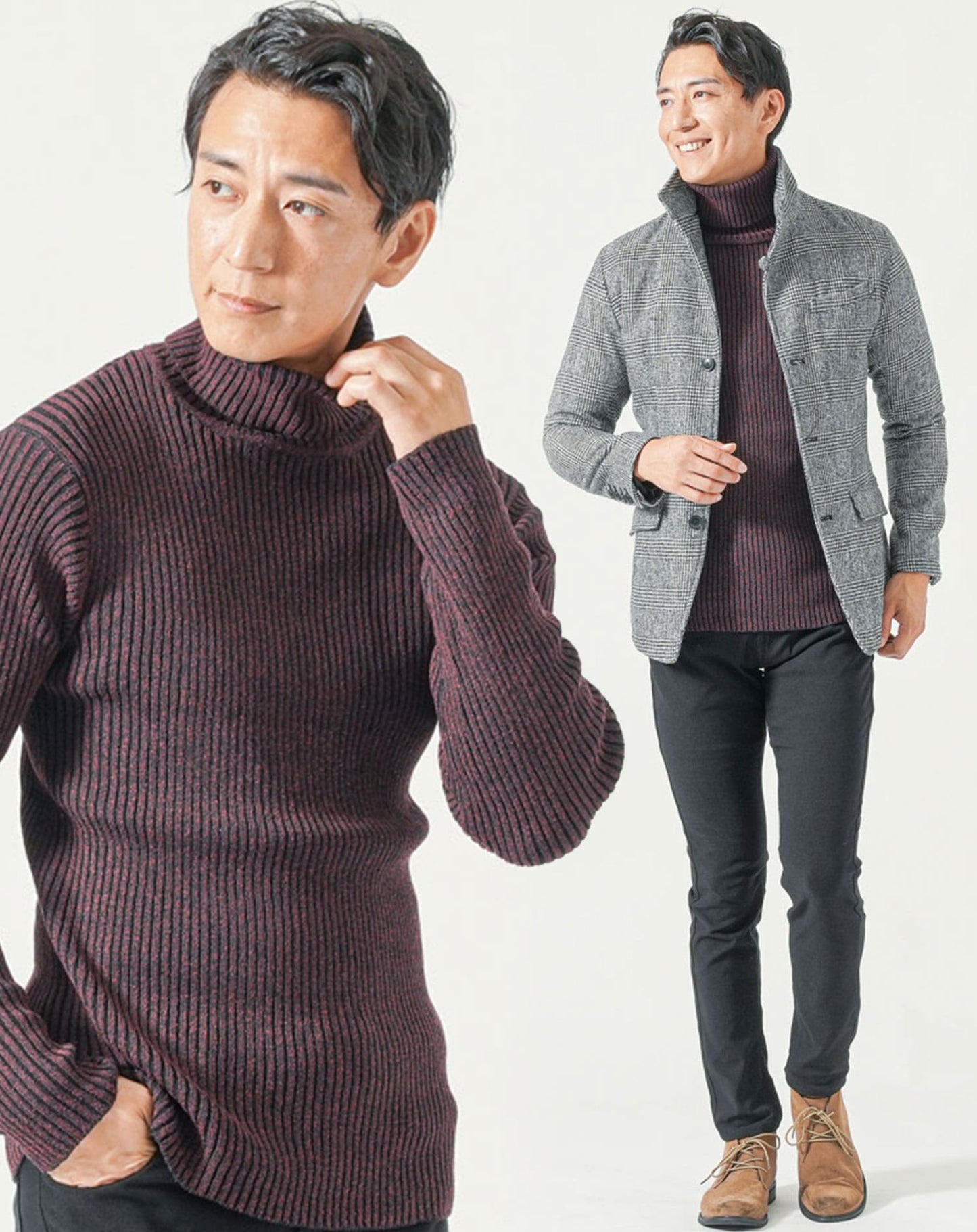 40代メンズ冬服全身3点コーデセット　グレンチェックショート丈ジャケット×ワインタートルネックニット×黒ストレッチチノパンツ