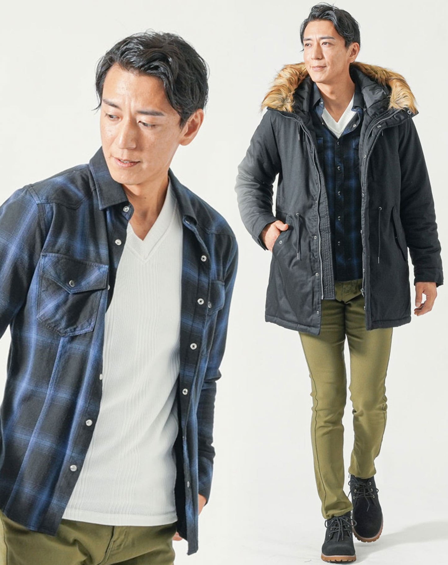 40代メンズ冬服全身4点コーデセット　黒モッズロングコート×ブルー長袖チェックシャツ×白長袖Tシャツ×カーキチノパンツ