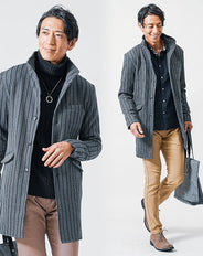 冬のトップス3点コーデセット グレーロングコート×黒タートルネックニット×ネイビー長袖シャツ