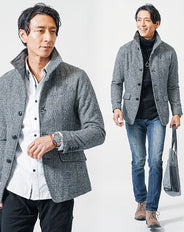 冬のトップス3点コーデセット グレンチェックジャケット×黒タートルネックニット×白長袖シャツ