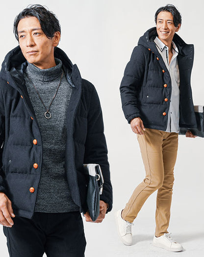 40代メンズ冬のトップス3点コーデセット　ネイビーダウンジャケット×グレータートルネックニット×白長袖シャツ