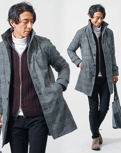 40代メンズ冬のトップス3点コーデセット　グレンチェックロングコート×ワインニットアウター×白タートルネックTシャツ