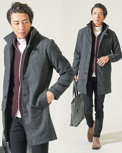 40代メンズ冬のトップス3点コーデセット　グレンチェックロングコート×ワインニットアウター×白タートルネックTシャツ