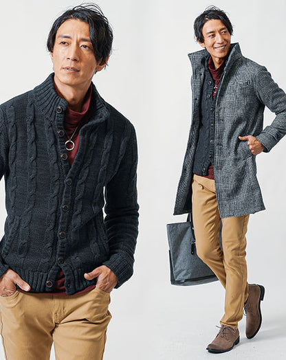 40代メンズ冬のトップス3点コーデセット　グレンチェックロングコート×黒ニットアウター×ワインタートルネックTシャツ