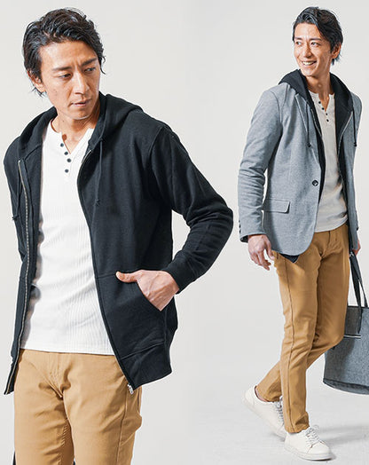 40代メンズトップス3点コーデセット　グレー長袖テーラードジャケット×黒長袖パーカー×白長袖Tシャツ