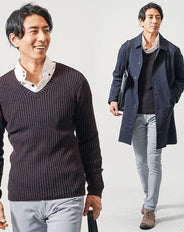 トップス3点コーデセット ネイビーステンカラーコート×ワイン長袖ニットTシャツ×白長袖シャツ