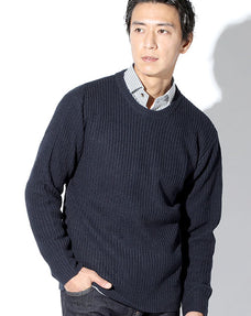 7G片畦襟ラインデザインクルーネックニット