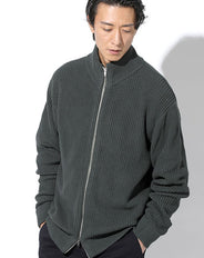 綿100%ゆったりシルエットダブルジップスタンドカラードライバーズニット Biz