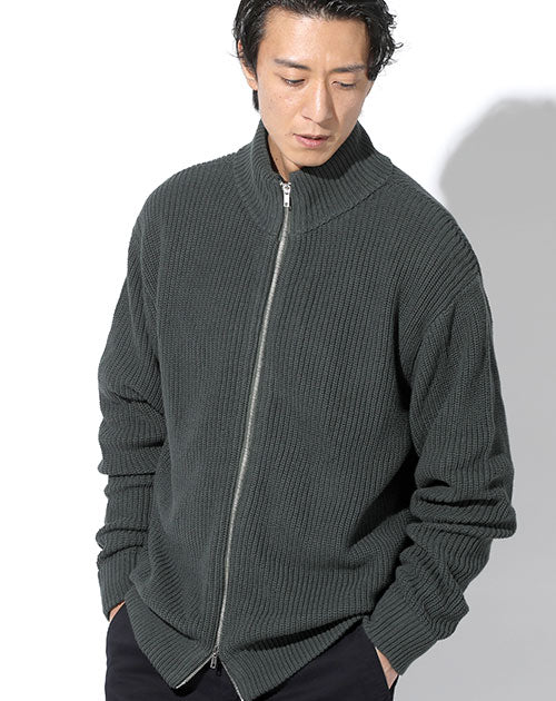 メンズにおすすめの綿100％ゆったりシルエットダブルジップスタンドカラーオーバーサイズドライバーズニット Biz