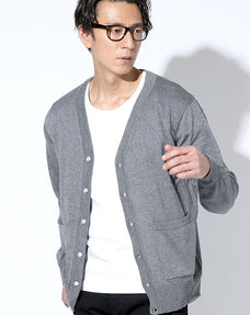 白ボタンウール混アンチピリングストレッチカーディガン