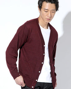 白ボタンウール混アンチピリングストレッチカーディガン