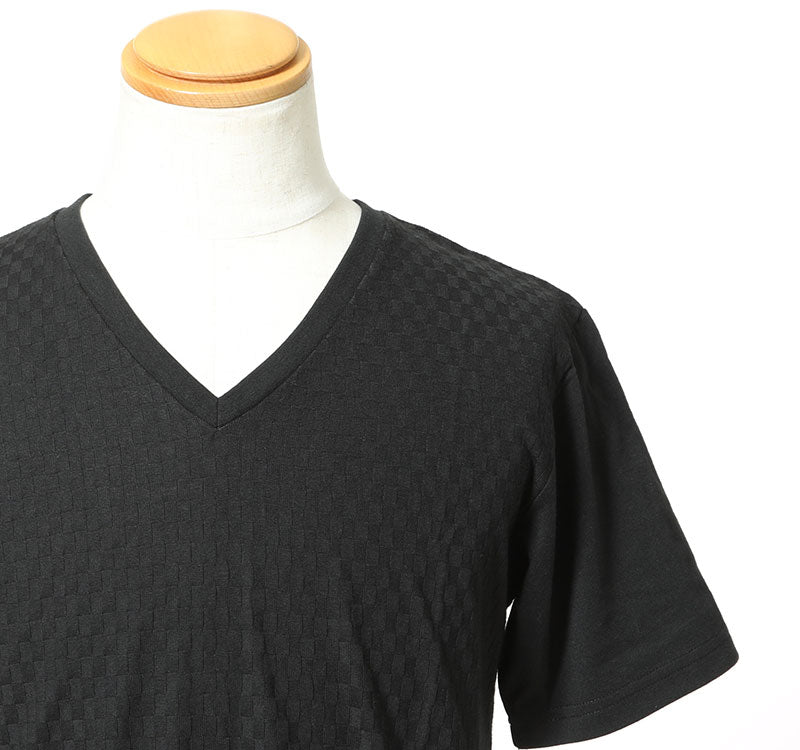 Tシャツ カットソー メンズ Vネック おしゃれ ブランド 人気 おすすめ 無地 コーデ 40代 50代 半袖 ブロックチェック ジャガードデザイン
