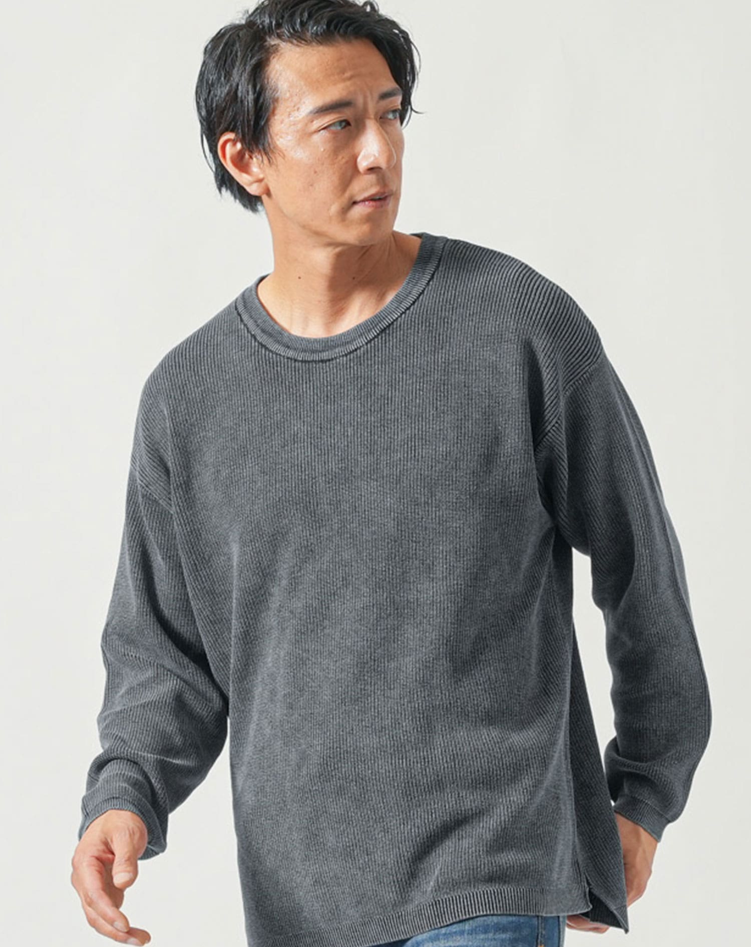 オーバーサイズヴィンテージ加工長袖クルーネックニットTシャツ ニット Tシャツ メンズ セーター おしゃれ ブランド 人気 おすすめ 無地 コーデ 30代 40代 オーバーサイズ ゆったり 大きめ がっちり体型 体型カバー　綿100％ ちくちくしない 毛玉になりにくい