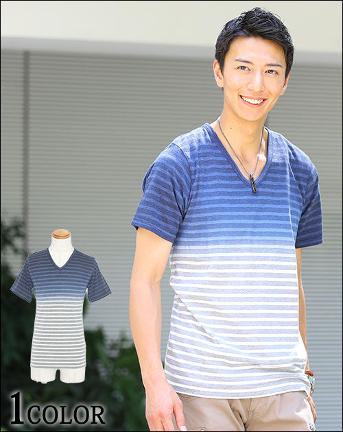 グラデーションボーダーデザインⅤネック半袖カットソー