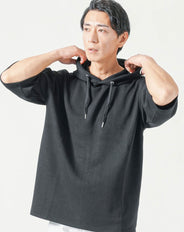 涼しい接触冷感素材オーバーサイズプルオーバー5分袖パーカー