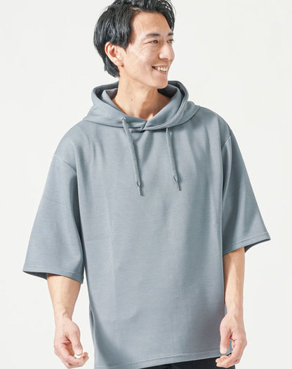 涼しい接触冷感素材オーバーサイズプルオーバー5分袖パーカー