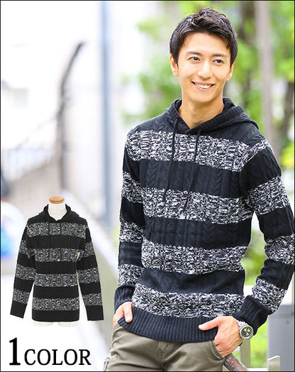 ケーブル編みボーダーデザインアクリルニットパーカー