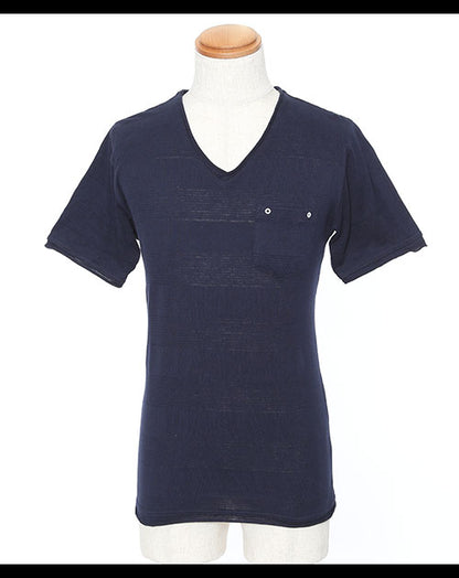 ジャガードボーダーデザインＶネック半袖コットンカットソー