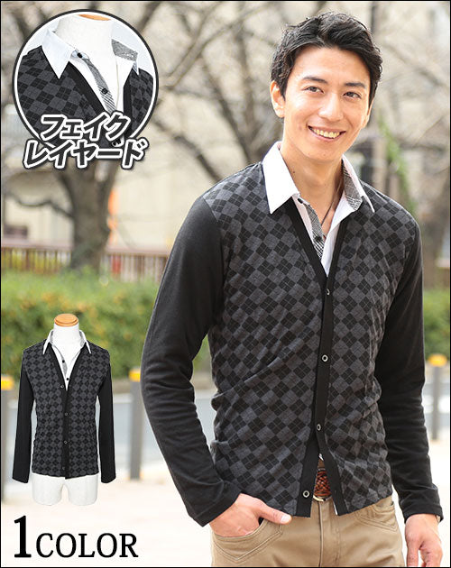 フェイクレイヤードシャツカーディガン