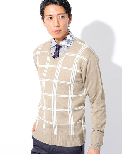 チェック柄Vネックニットセーター Biz