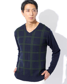 チェック柄Vネックニットセーター