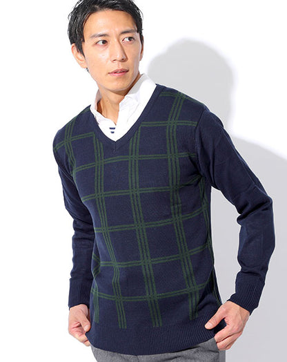 チェック柄Vネックニットセーター Biz