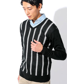 グレンストライプ柄Vネックニットセーター