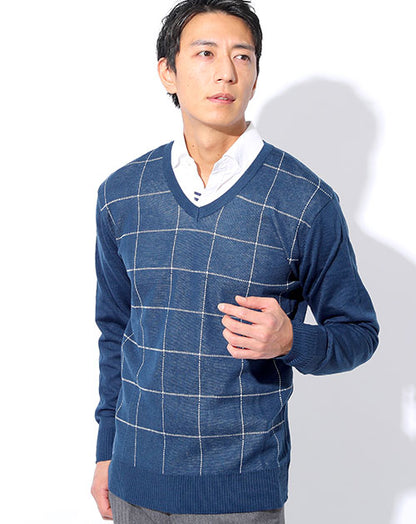 ウィンドペン柄Vネックニットセーター Biz