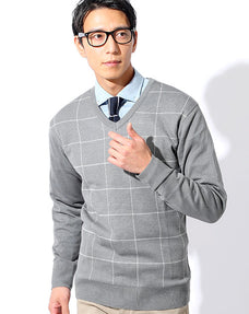 ウィンドペン柄Vネックニットセーター