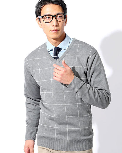 ウィンドペン柄Vネックニットセーター Biz