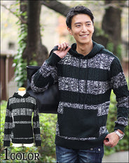 ボーダーデザインアクリルニットパーカー