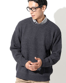 ワッフル編みルーズシルエットクルーネックニットセーター