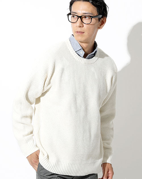 ワッフル編みルーズシルエットクルーネックニットセーター Biz