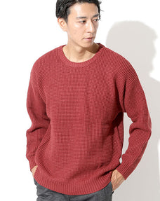 ワッフル編みルーズシルエットクルーネックニットセーター