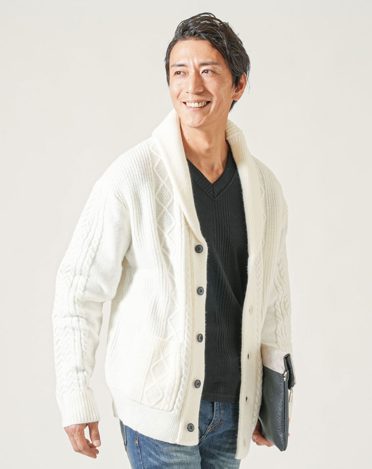 形態安定アラン編みメンズショールカラーカーディガン イケオジ