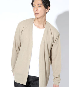 鹿の子編み麻タッチボタンレスセミロングショールカーディガン