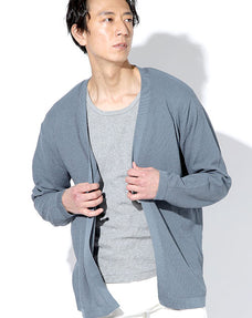 鹿の子編み麻タッチボタンレスセミロングショールカーディガン