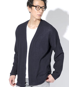 鹿の子編み麻タッチボタンレスセミロングショールカーディガン