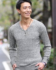 リブ編みVネックコットンニットソー