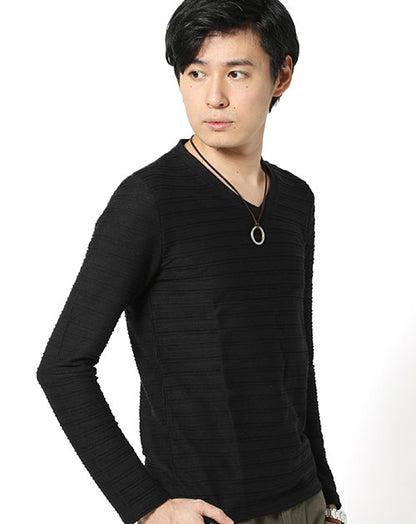 タックジャガードボーダーデザイン長袖ⅤネックＴシャツ