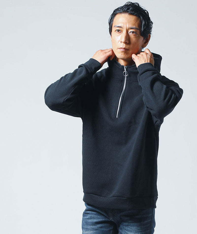 裏起毛素材長袖ハーフジッププルオーバーパーカー ｜ メンズ