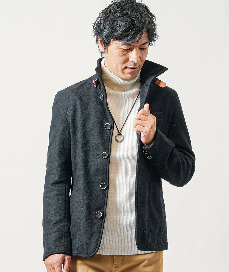 50代の方におすすめ日本製レザーベルト付きショート丈メルトンスタンドコート
