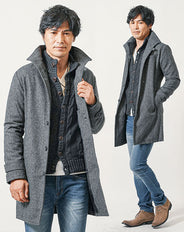 冬の3点メンズコーデセット　グレーツイードロングコート×黒ニットアウター×ネイビースリムデニムパンツ