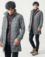 冬の3点メンズコーデセット　グレンチェックロングコート×ワインタートルネックニット×黒スリムチノパンツ