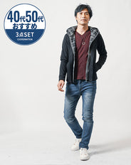 40代・50代の男性におすすめ3点メンズコーデセット　黒長袖パーカー×ワイン長袖Tシャツ×ネイビースリムデニムパンツ