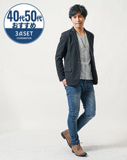 40代・50代の男性におすすめ3点メンズコーデセット　黒長袖テーラードジャケット×白長袖Tシャツ×ネイビースリムデニムパンツ